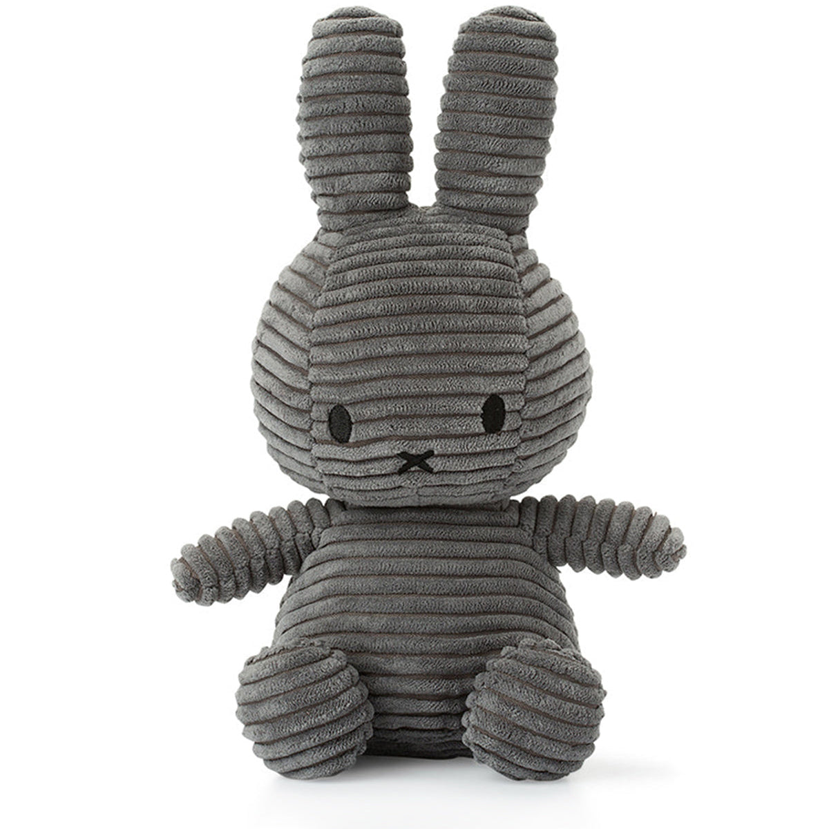 Gray corduroy stuffed bunny toy sitting upright.