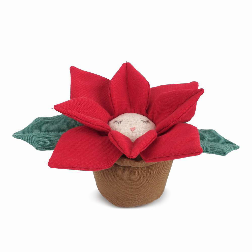 Plush poinsettia toy in pot.