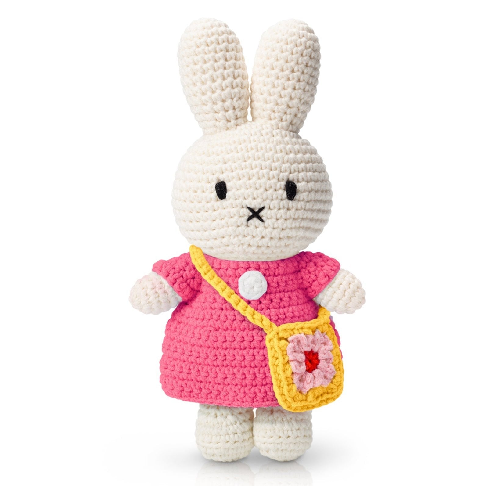 Crocheted Miffy doll in pink dress with yellow flower purse.