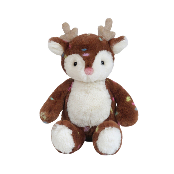 Stuffed brown deer with colorful sprinkles and white belly.