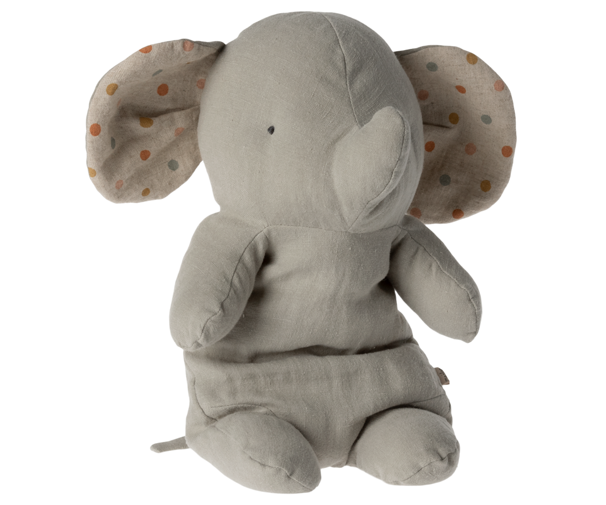Gray stuffed elephant with polka dot ears, seated.