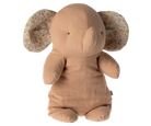 Here are a few descriptive alt tags for the image:
*   **Stuffed elephant with floral print ears.**
*   **Tan plush elephant toy.**
*   **Cute beige elephant doll.**