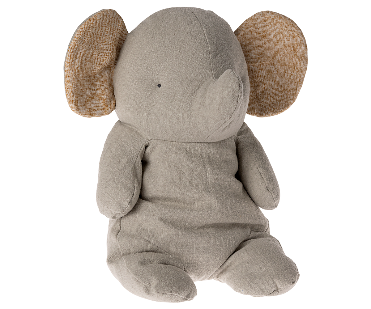 A gray, stuffed elephant toy with tan ears.