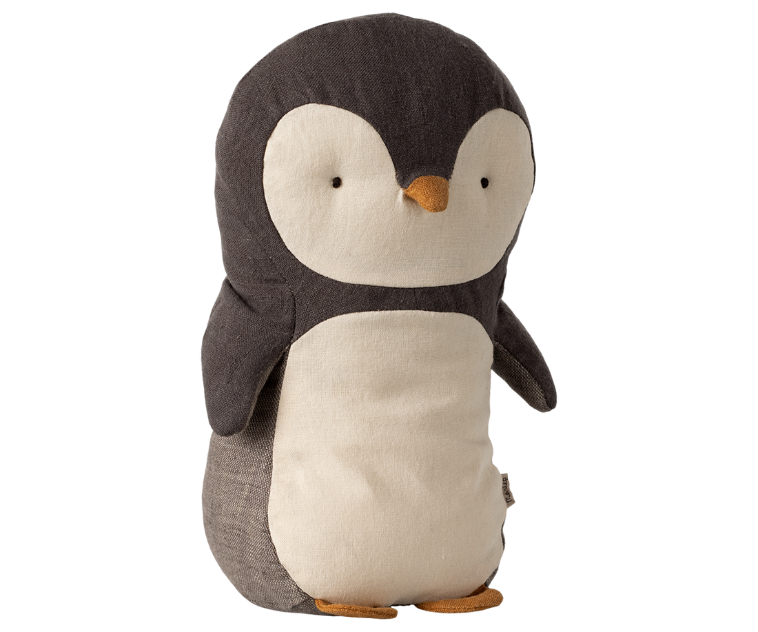 Stuffed penguin toy with gray and beige linen fabric.
