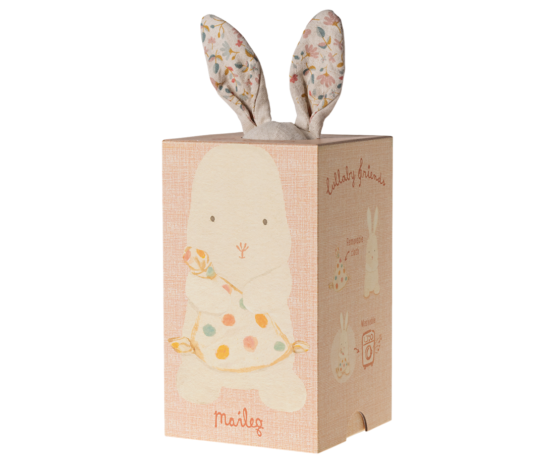 Boxed Maileg bunny toy with floral ears.