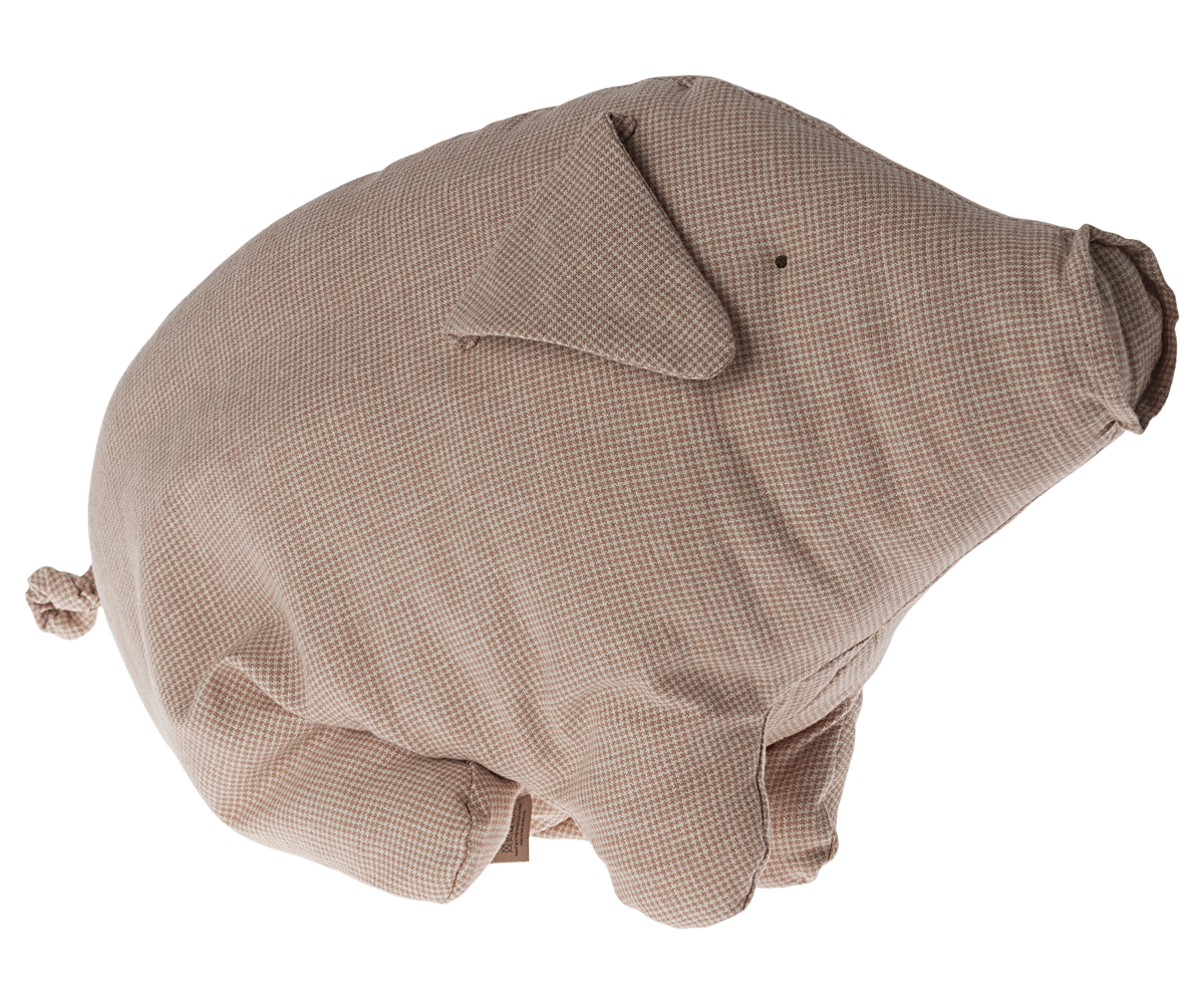 A stuffed pig toy with a brown and beige checkered pattern.