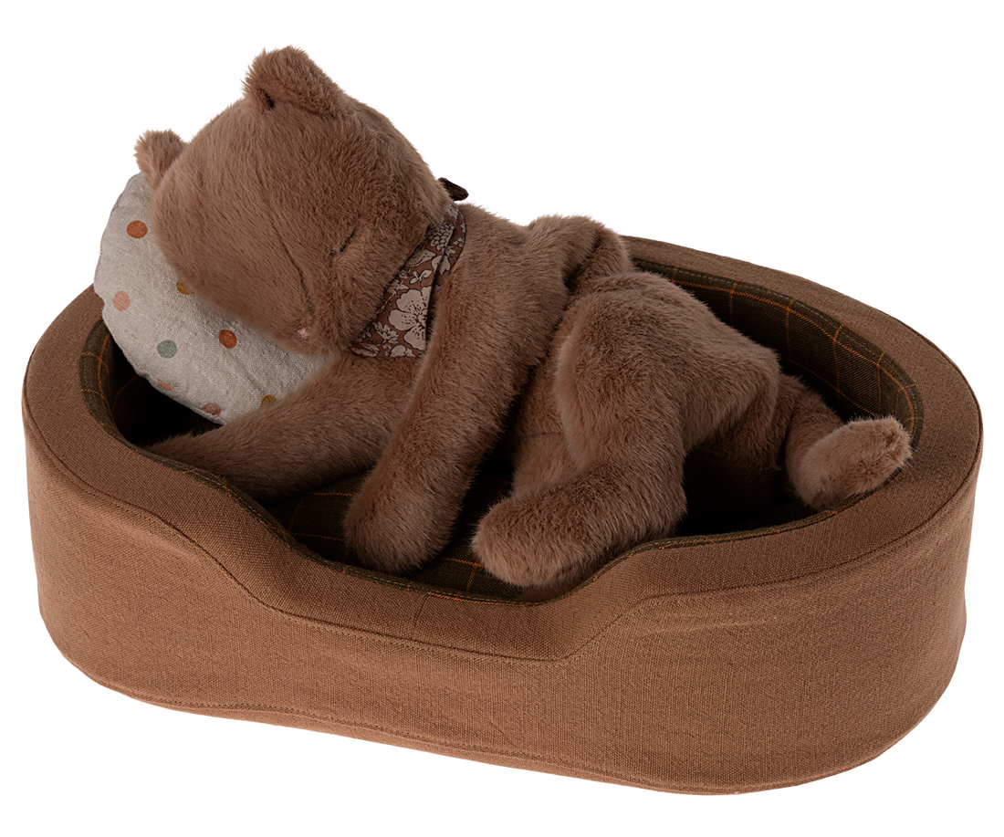 Stuffed brown bear sleeping on a pillow in a brown dog bed.