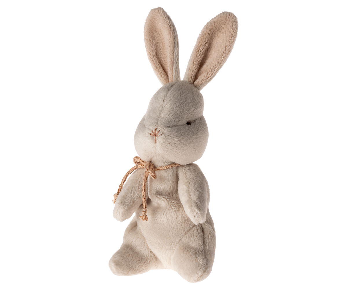 Stuffed bunny toy with tan rope tied around the neck.