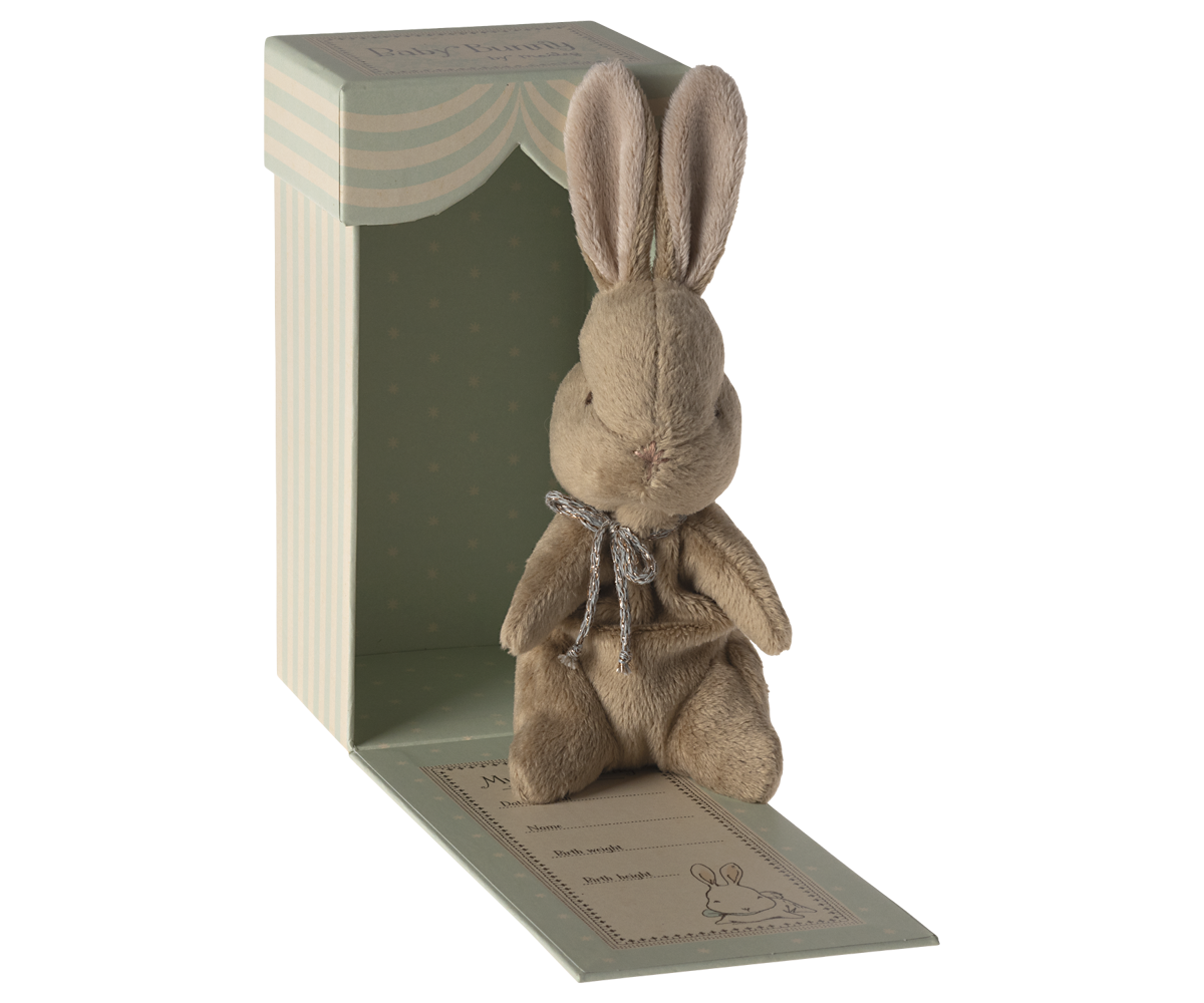 Stuffed brown bunny in a box with birth information.