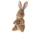 Brown plush rabbit toy with silver bow.