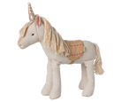 Stuffed unicorn toy with gold horn and patterned saddle.