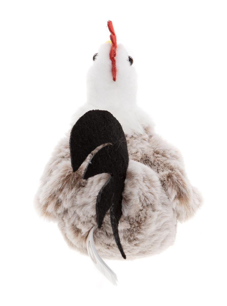 Plush toy resembling a rooster on a white background