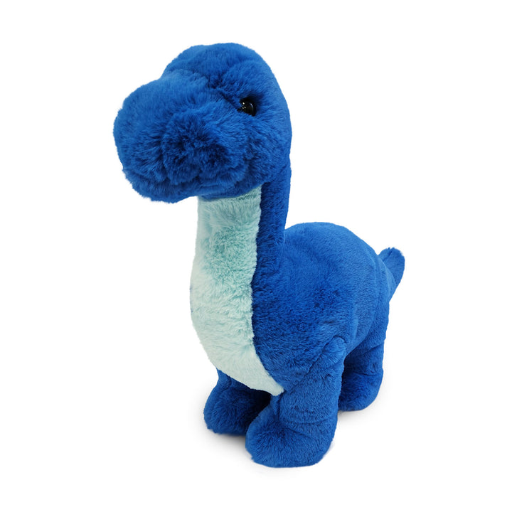 Blue plush dinosaur toy.