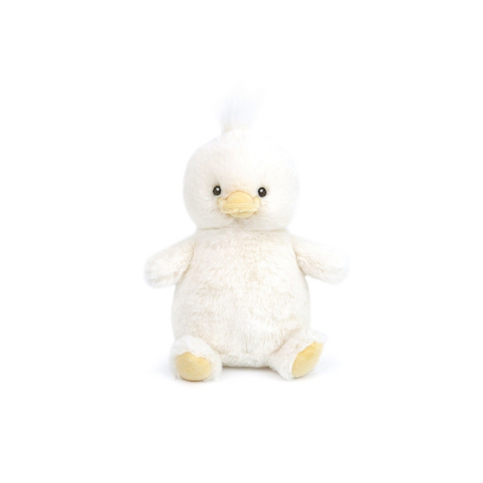 Off-white plush duck toy with a yellow beak and feet.