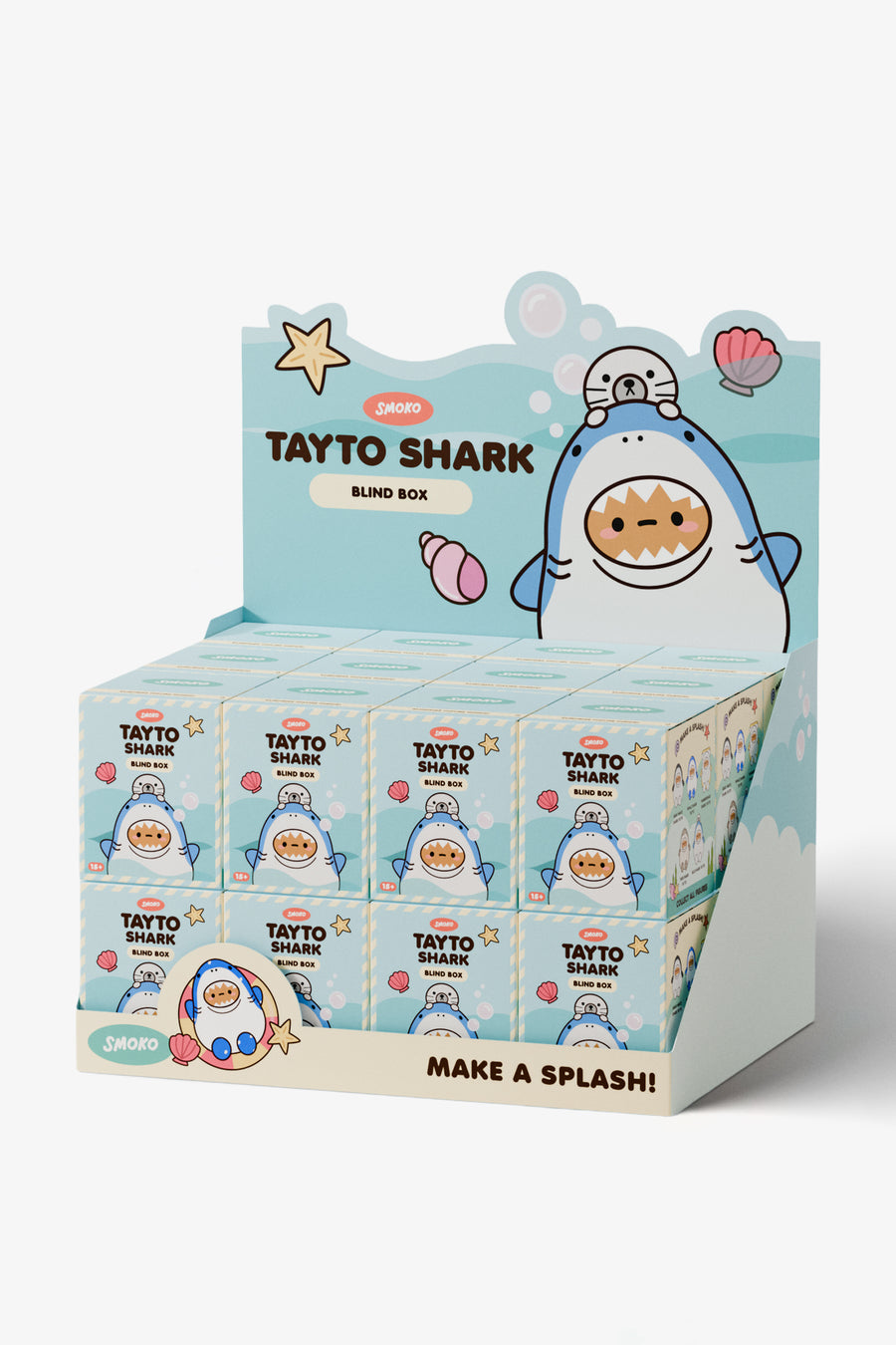 Display box of Tayto Shark with multiple packaging options on a white background