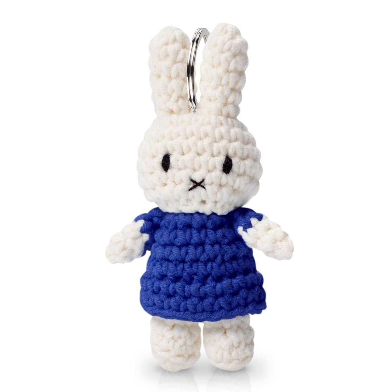 Crocheted Miffy bunny keychain with blue dress.