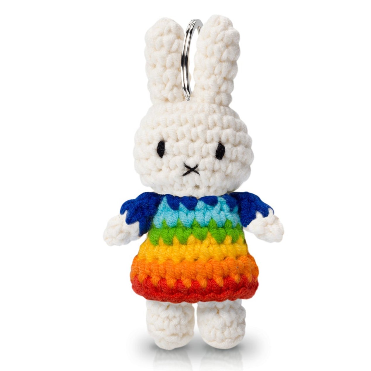 Crocheted white Miffy doll with rainbow dress.