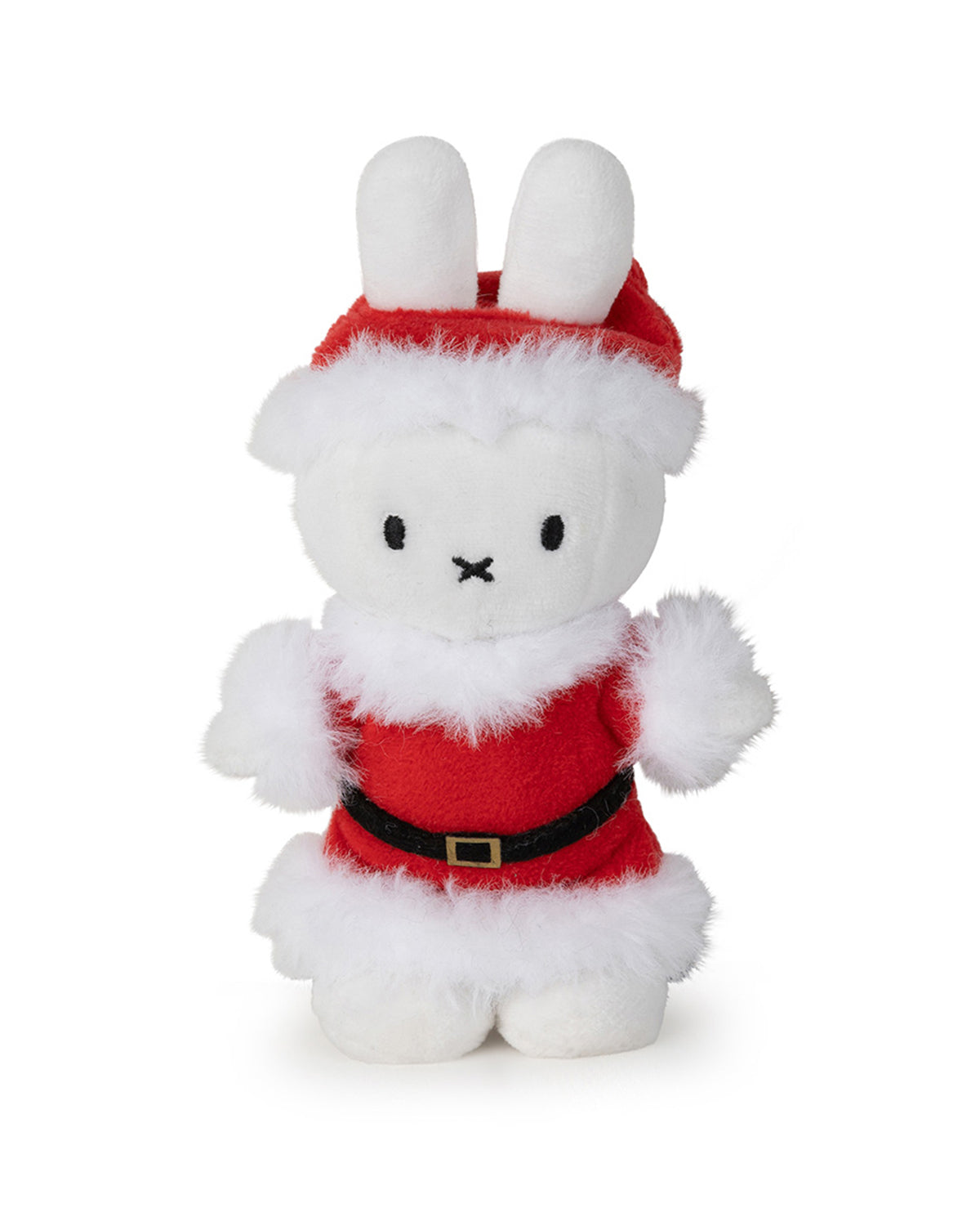 White plush bunny in a red Santa suit with white trim and a black belt.
