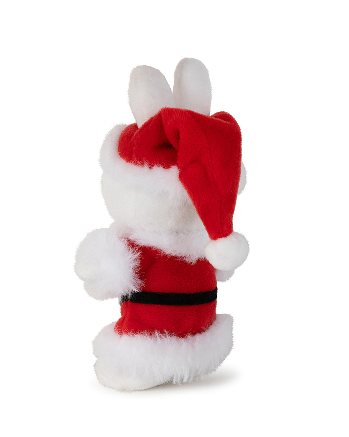 White plush rabbit toy in a red Santa suit with a black belt, red Santa hat, and white trim.
