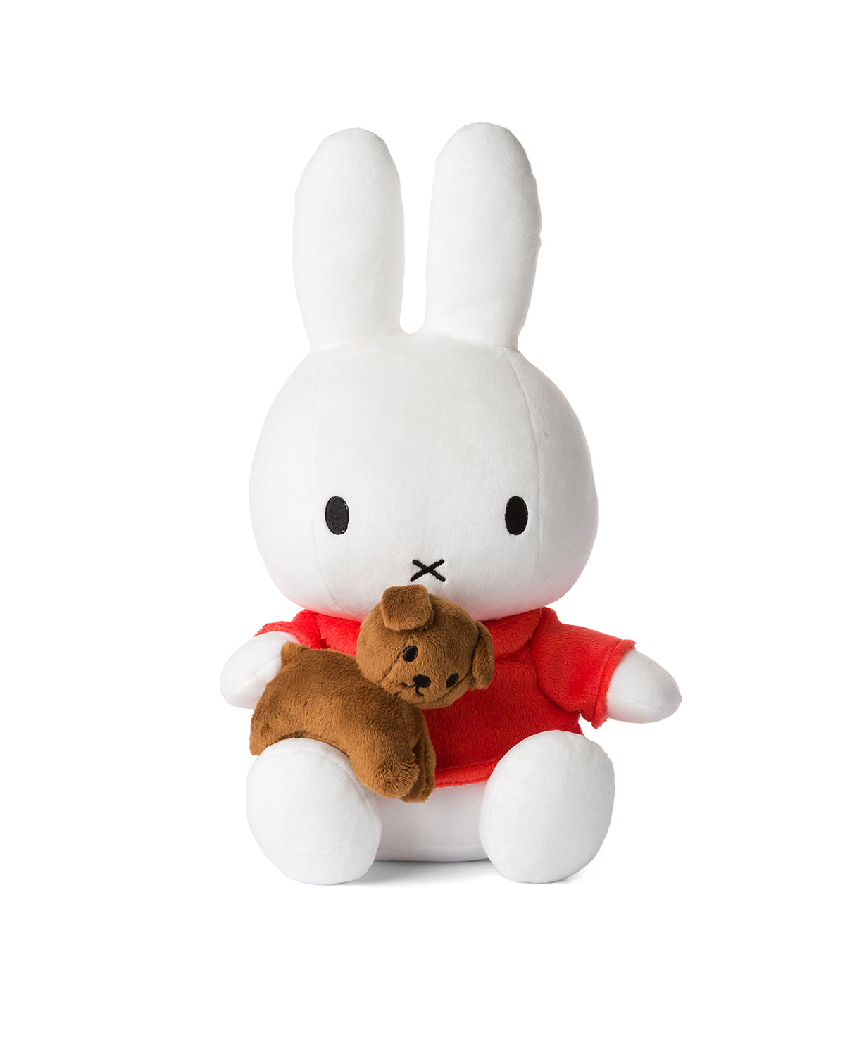 White Miffy plush in red shirt holding brown bear.