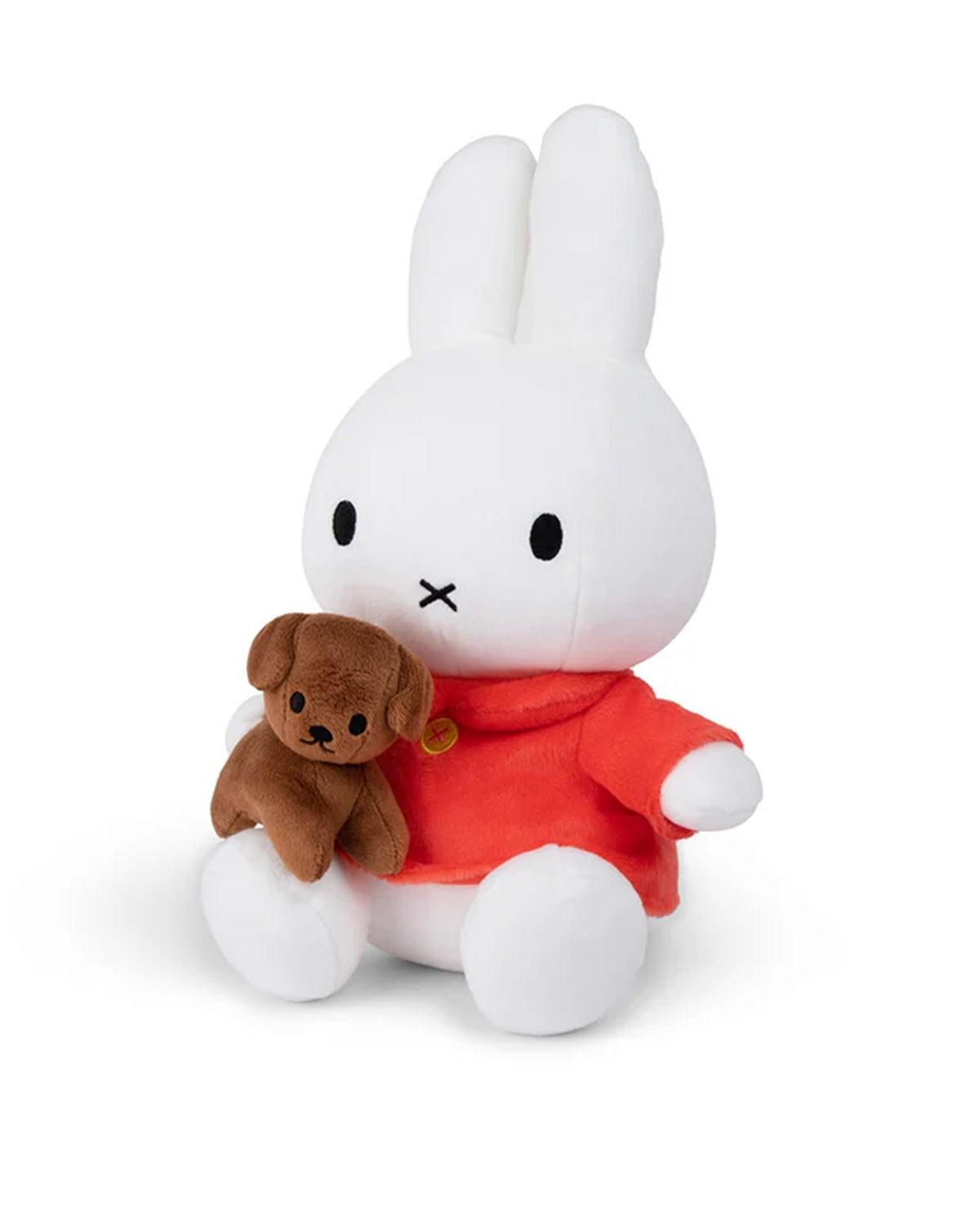 A white Miffy plush wearing a red shirt and holding a brown dog plush.