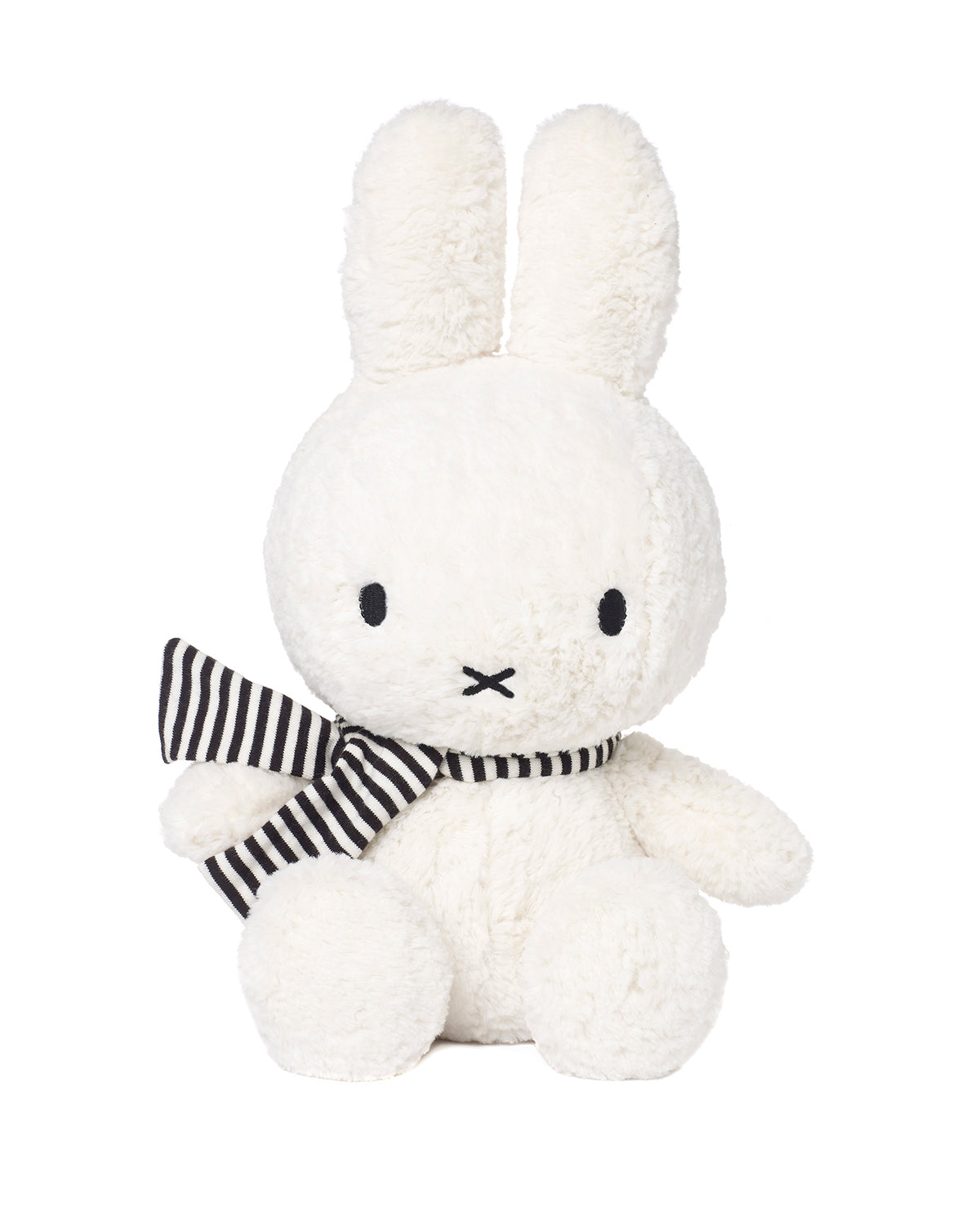 White plush bunny toy with a black and white striped bow tie on a white background