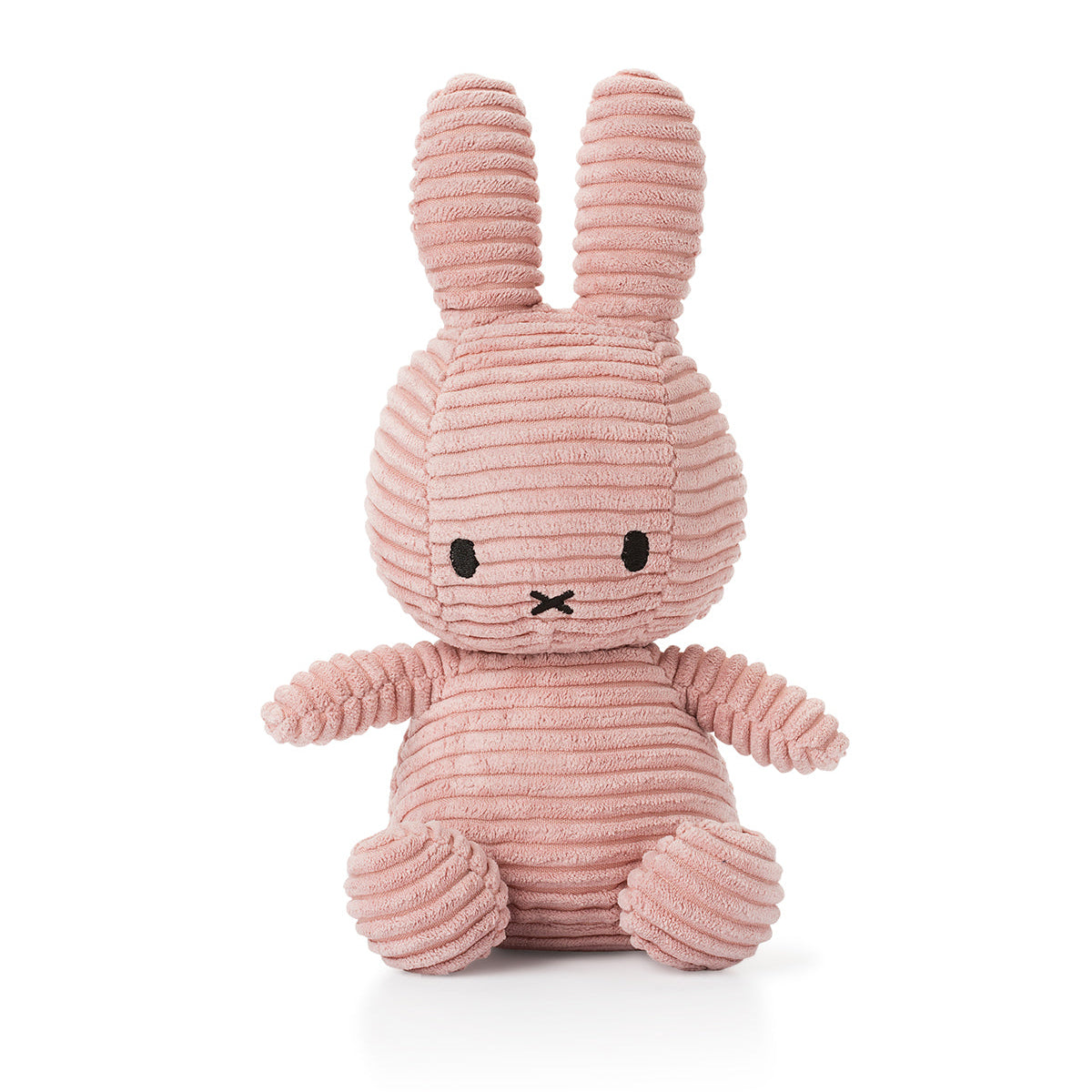 Pink corduroy Miffy bunny plush toy sitting.