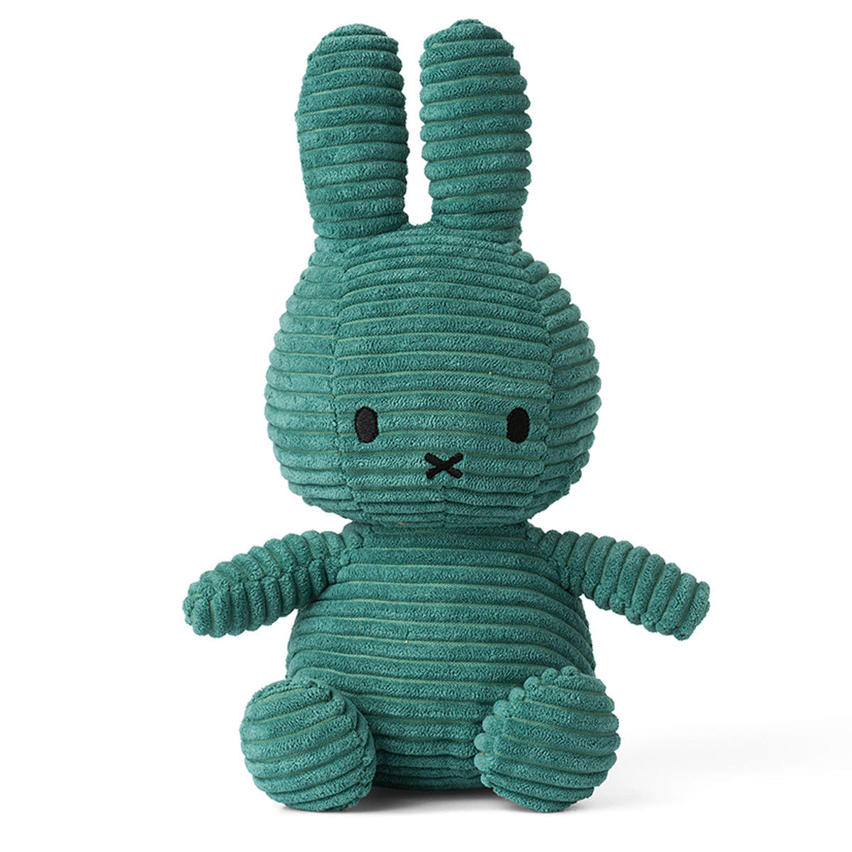 Teal corduroy stuffed rabbit with embroidered facial features.
