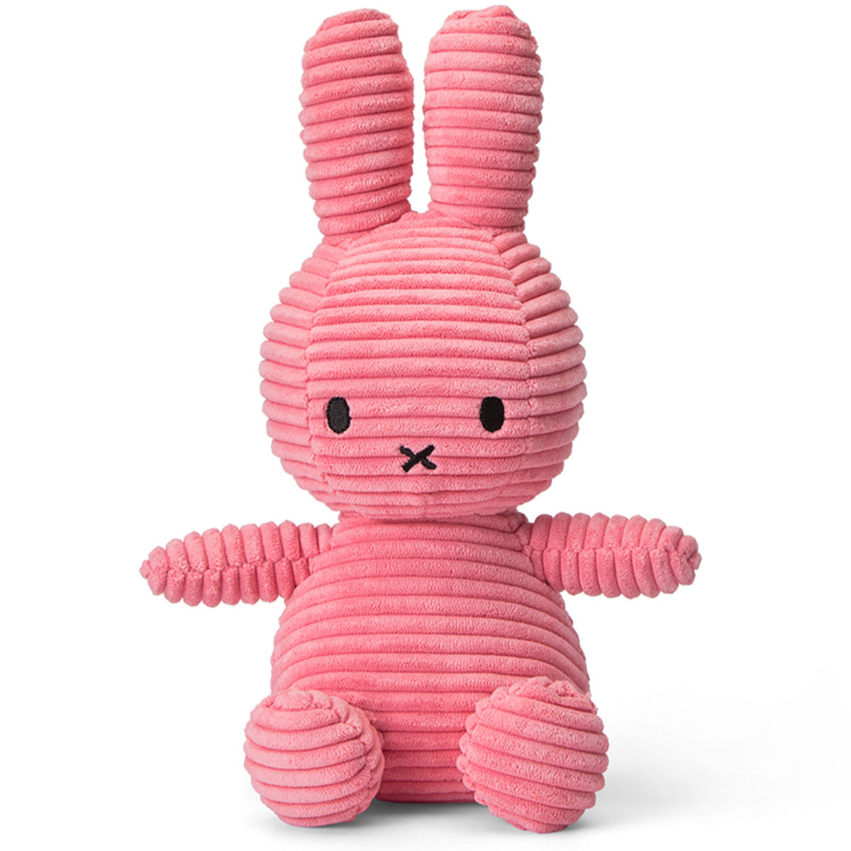 Pink corduroy Miffy plush toy, seated.