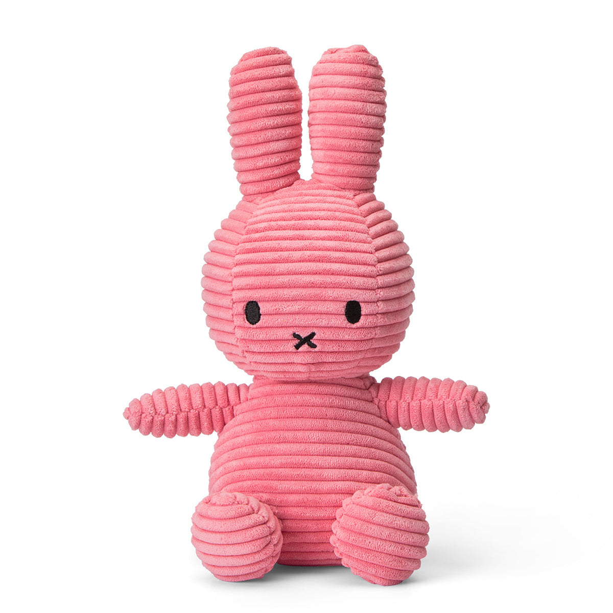 Pink corduroy Miffy bunny plush toy sitting.