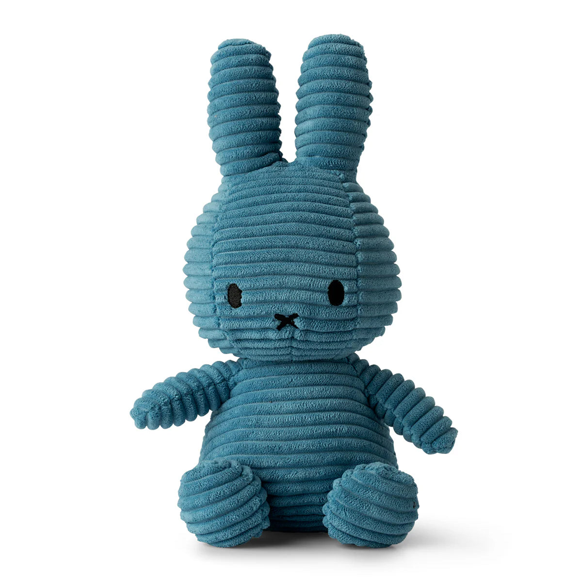 Blue corduroy bunny stuffed animal sitting upright.