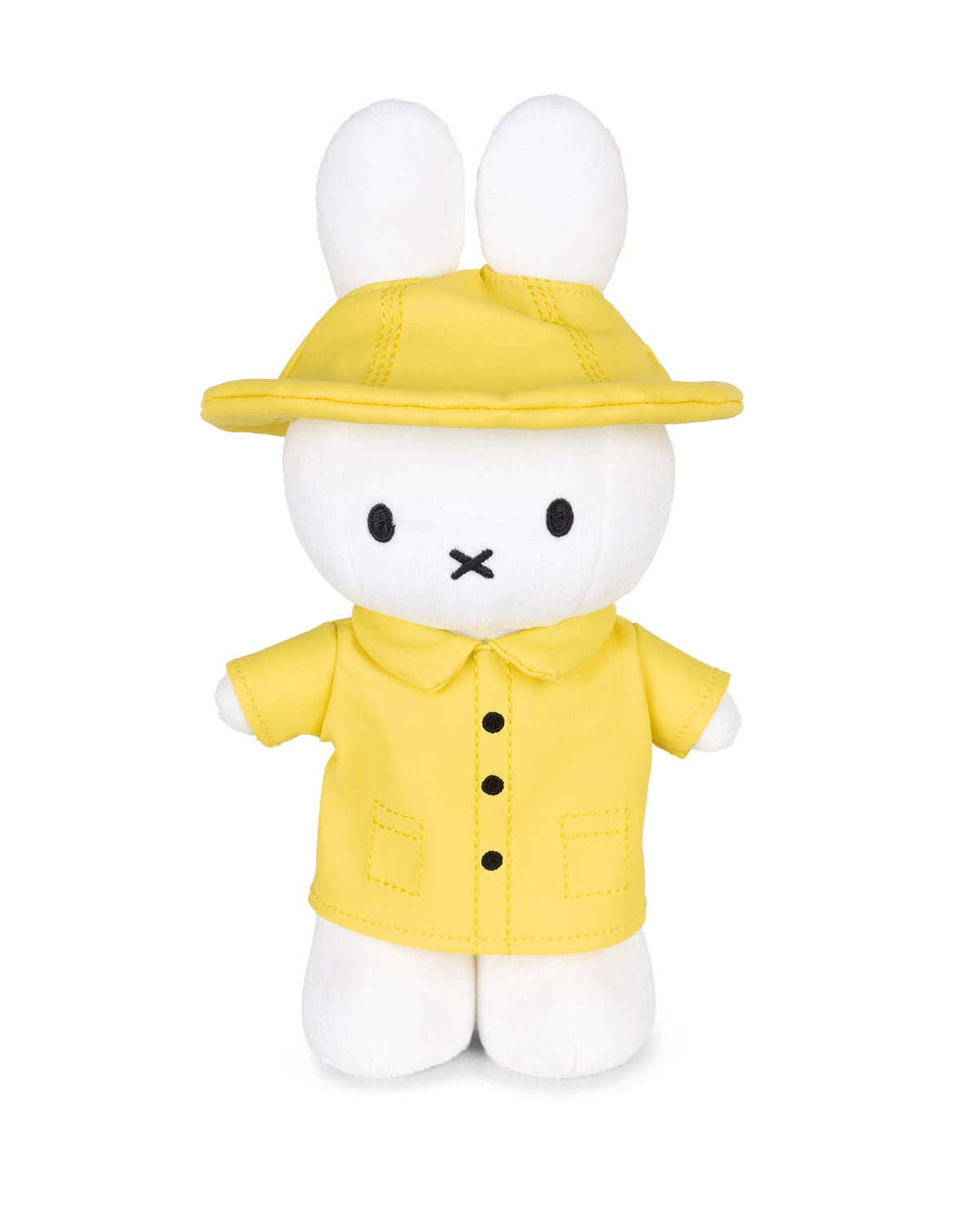 Stuffed Miffy bunny wearing yellow hat and shirt.