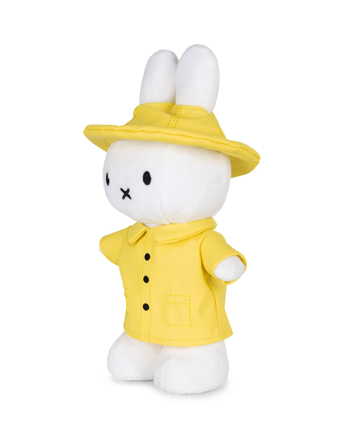 White plush bunny with yellow hat and shirt.