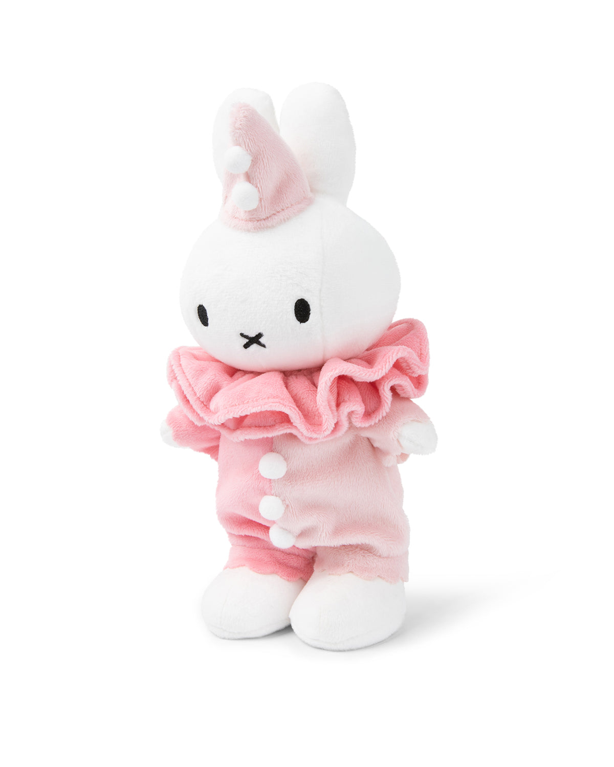Stuffed Miffy bunny doll in pink clown costume.