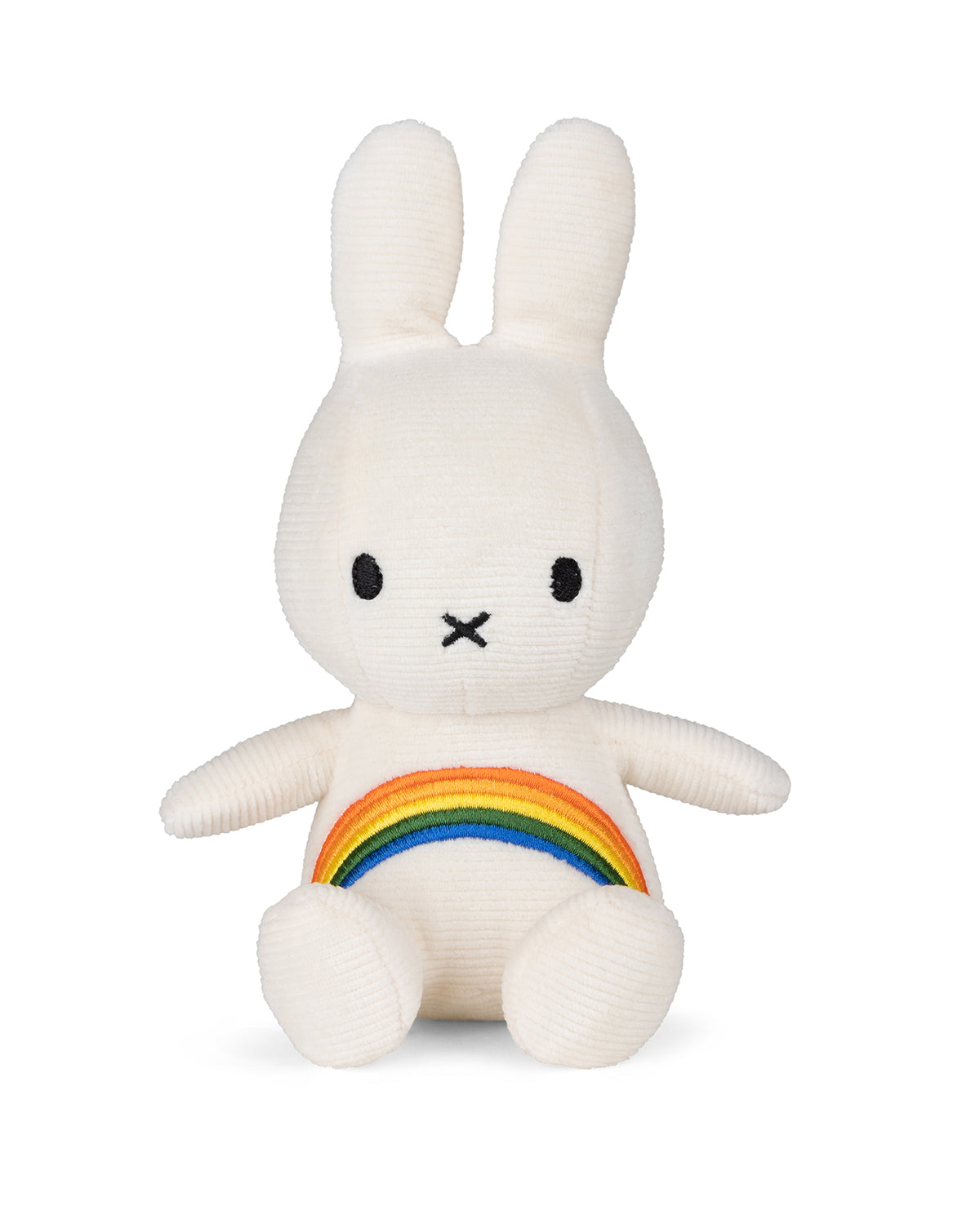 White corduroy plush bunny toy with rainbow on chest.