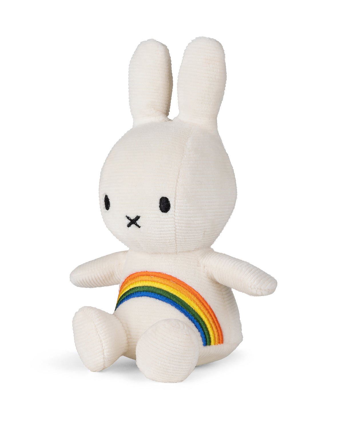 Cream corduroy Miffy plush toy with rainbow on tummy.