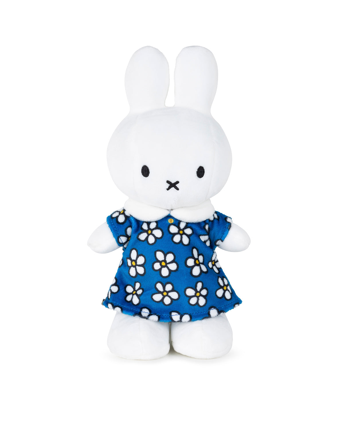 Stuffed white Miffy rabbit toy in blue floral dress.