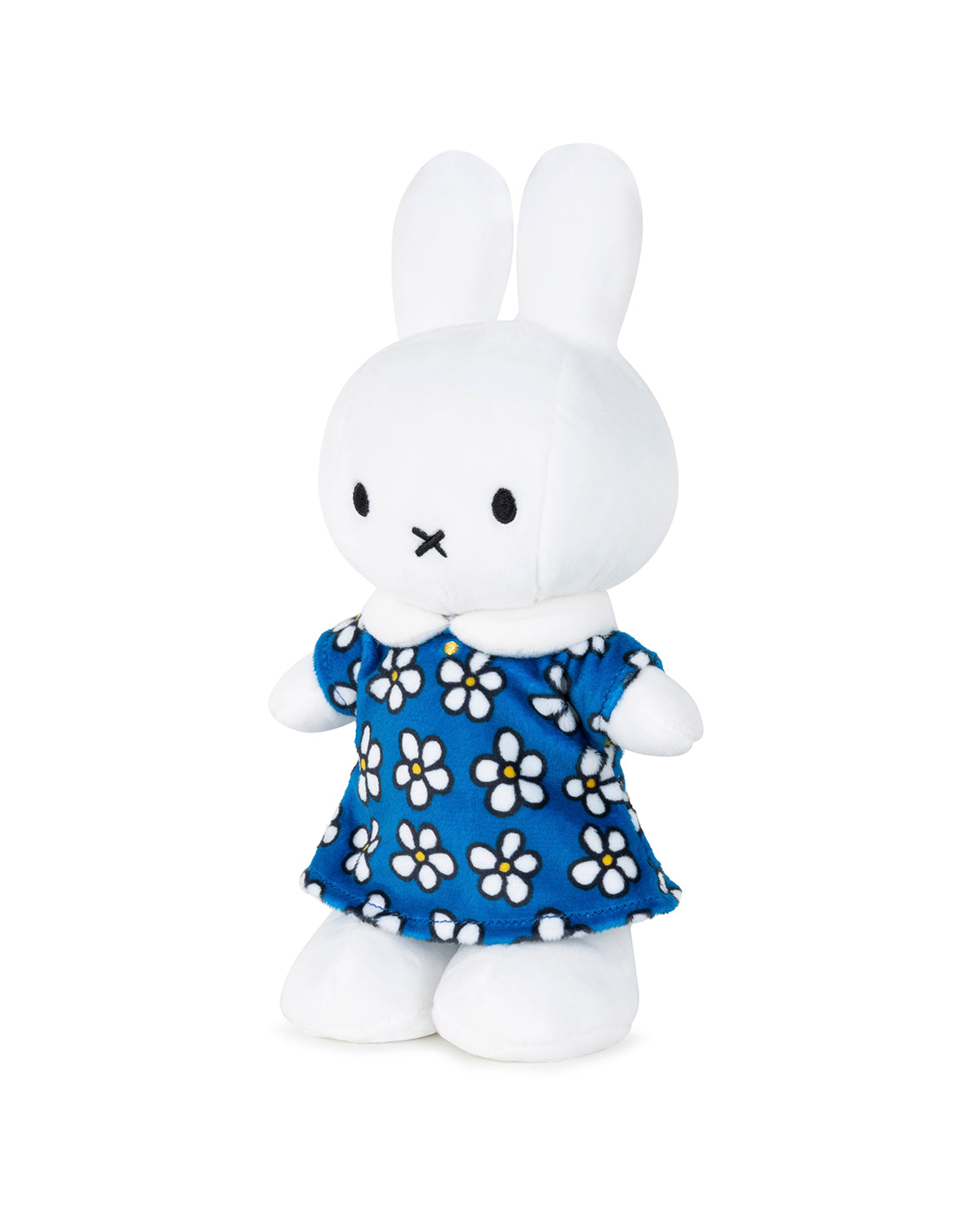 Miffy rabbit plush toy in a blue floral dress.
