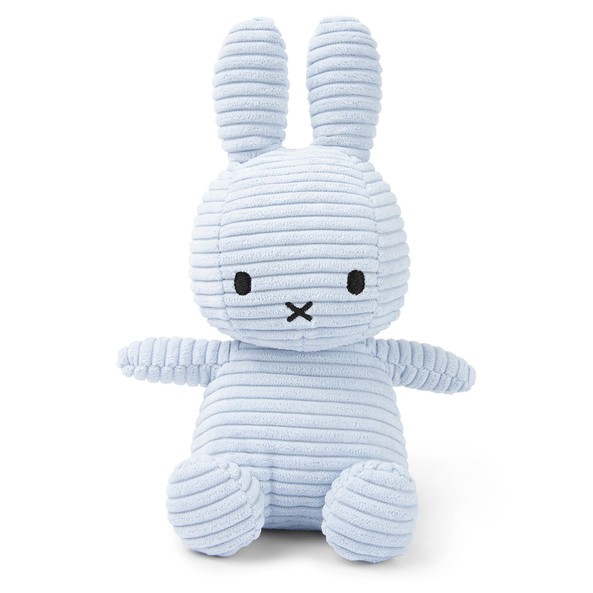 Light blue corduroy Miffy plush toy sitting.