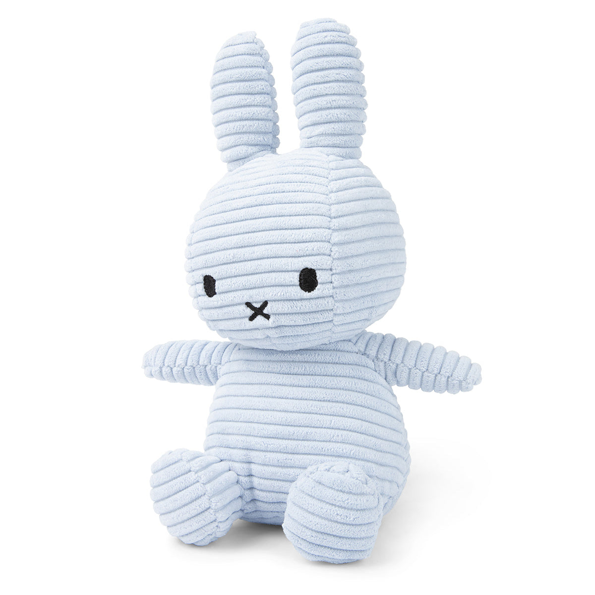 Light blue corduroy Miffy plush toy sitting.