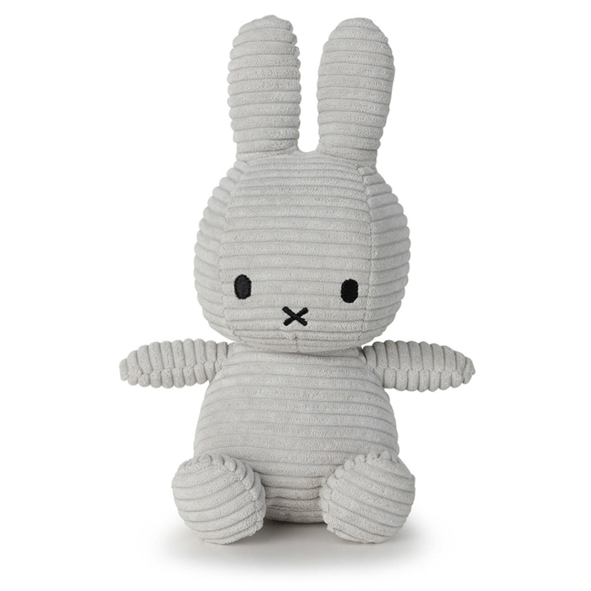 Gray corduroy Miffy plush toy sitting.