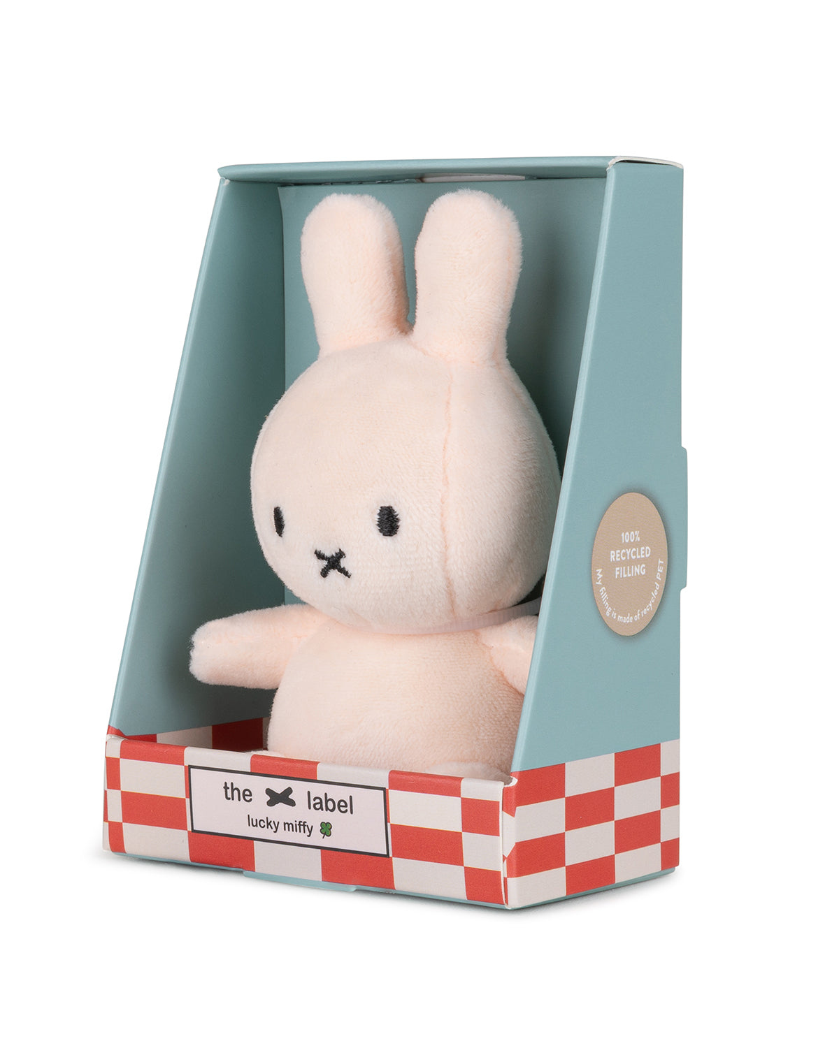 Miffy plush toy in packaging with red and white checkerboard pattern.