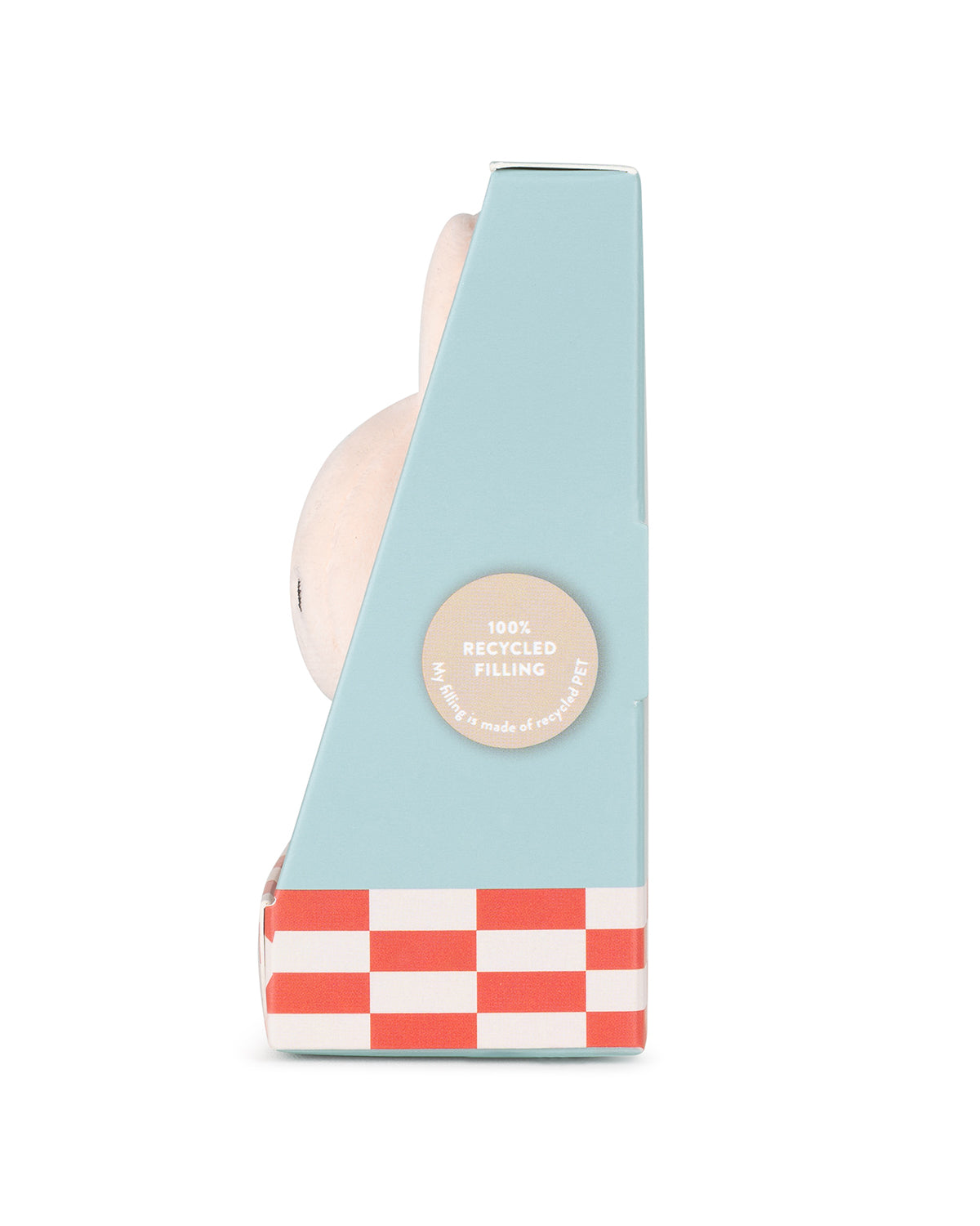 Close-up of a blue and red checkered box with a circular label reading "100% Recycled Filling."