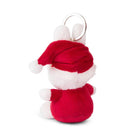 A white and red plush rabbit keychain wearing a Santa hat, shot from the rear.