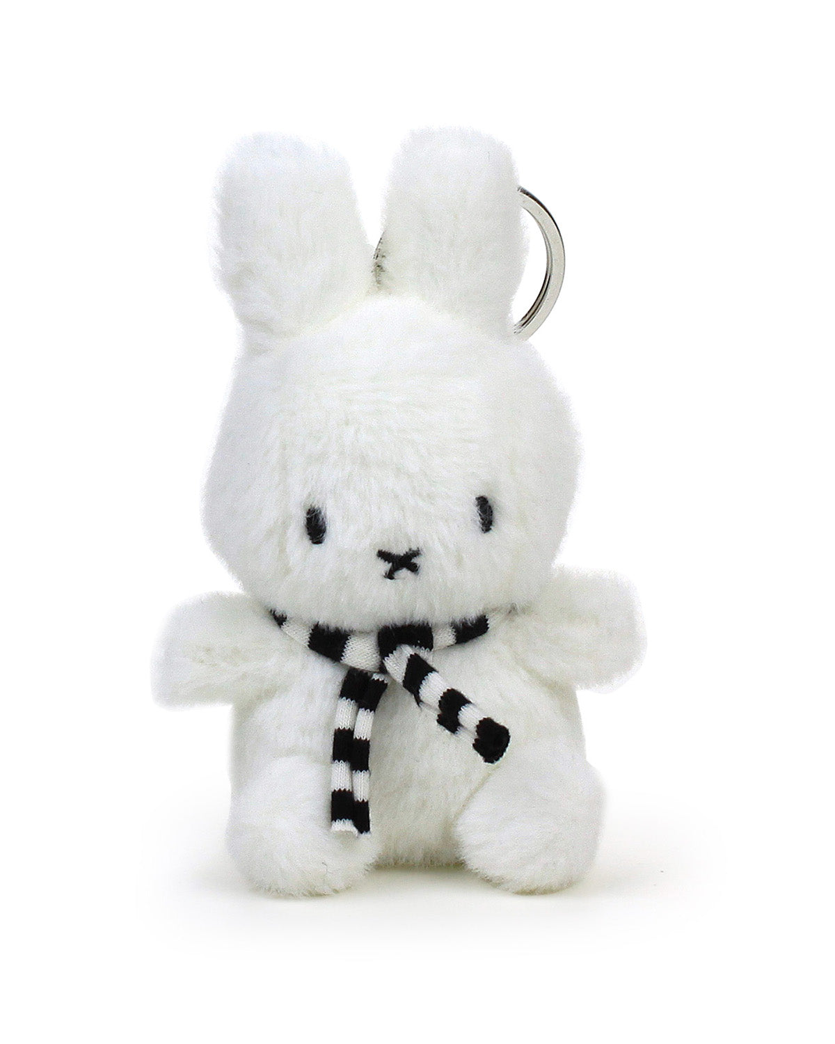 White plush Miffy rabbit with striped scarf.
