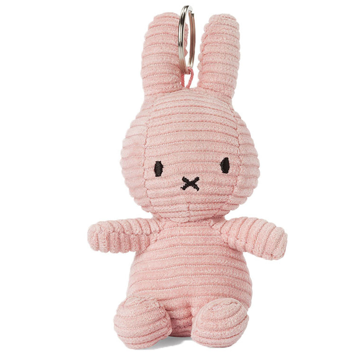 Pink plush bunny keychain on a white background