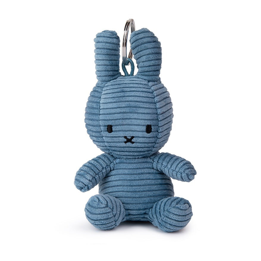 Blue corduroy Miffy plush keychain sitting.