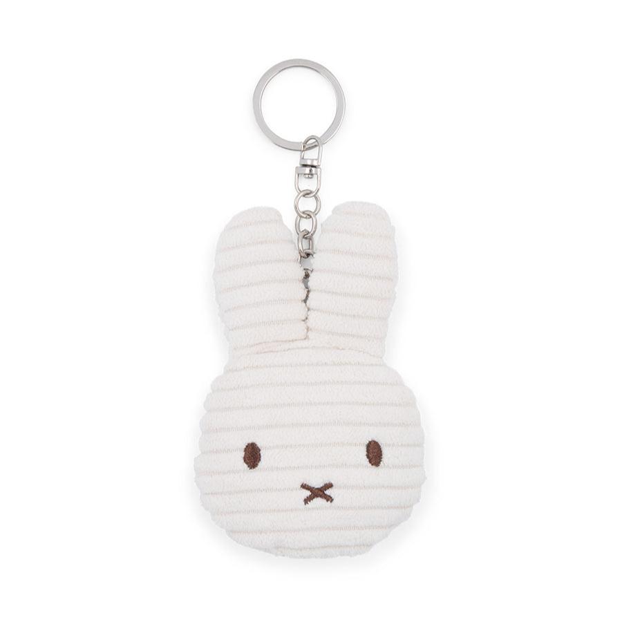Off-white corduroy Miffy bunny keychain with silver ring and chain.