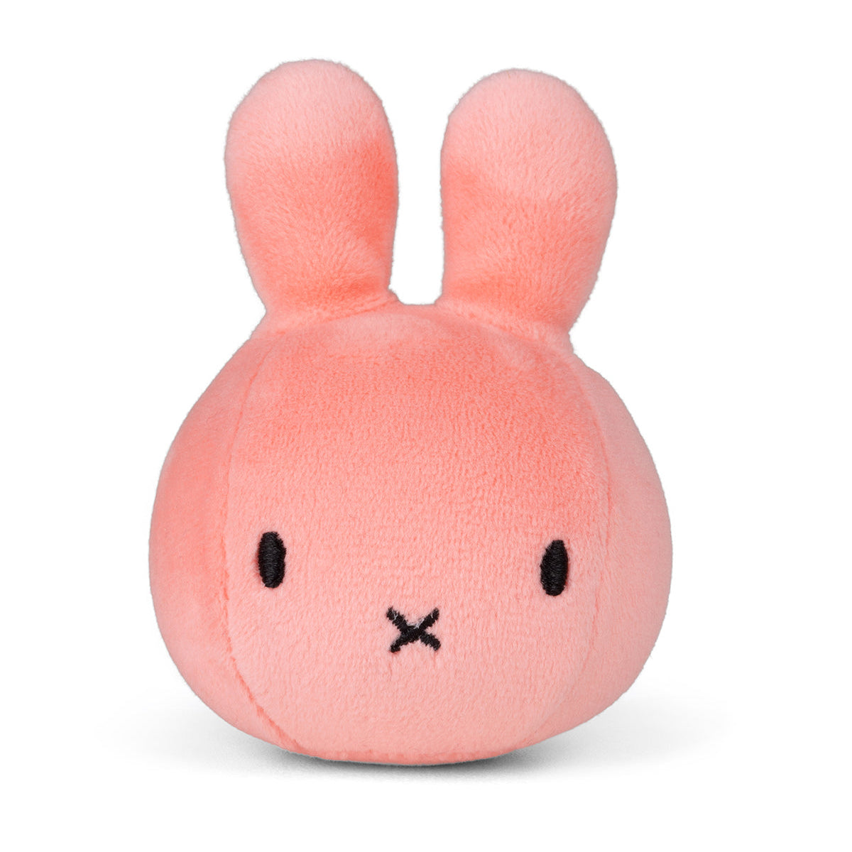 Close-up of a pink plush rabbit toy with black eyes and a black X-shaped mouth on a white background.