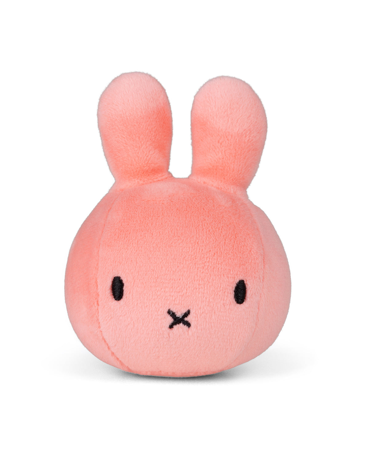 Close-up of a pink plush rabbit toy with black eyes and a black X-shaped mouth on a white background.